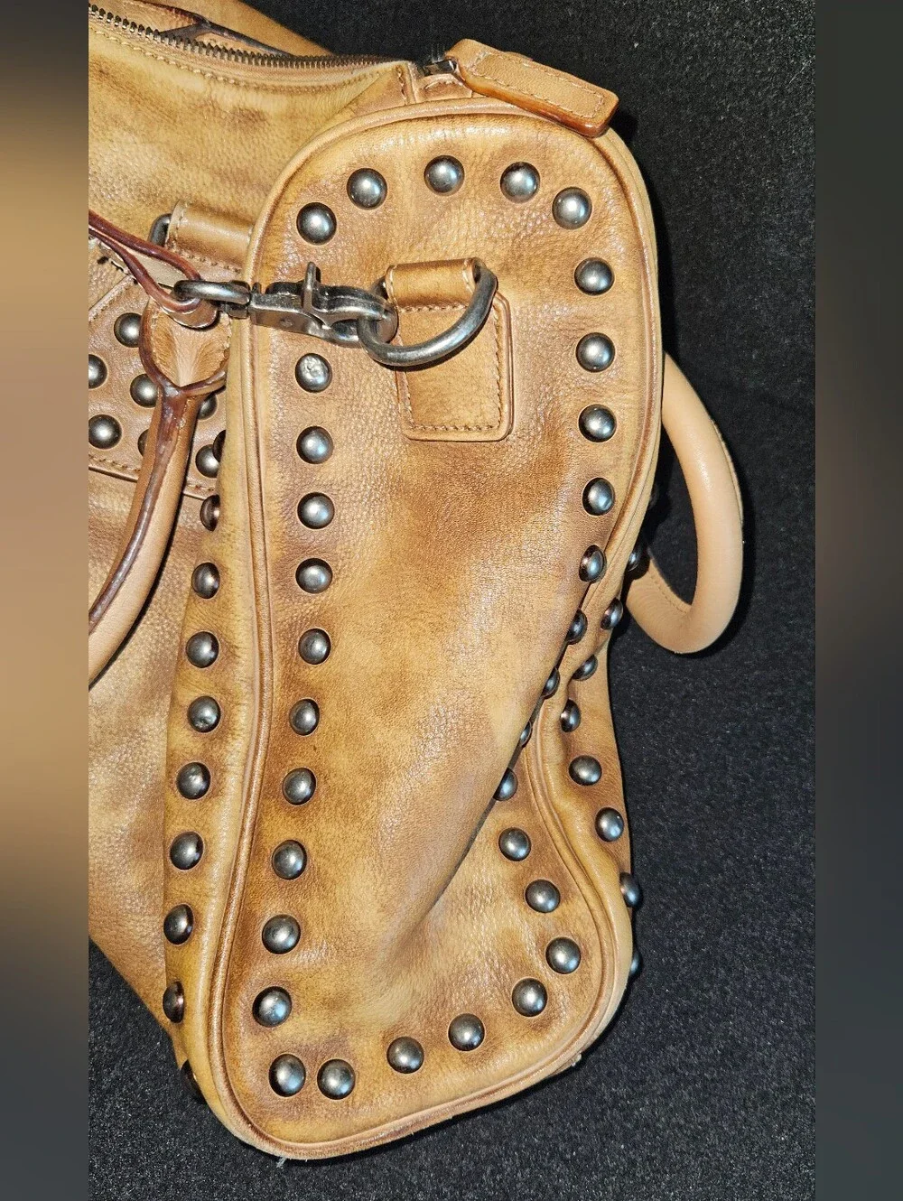 Unbranded Studded Tan Distressed Faux Leather Satchel Handbag w/Crossbody Strap